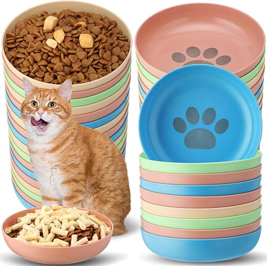 Tioncy 24 Pcs Fatigue Relief Cat Bowl 5.5 Inch Shallow Cat Food Dish Wide and Small Pet Wet Plate Wide Stray Wet Feeding Bowl for Ferrets Feral Short Legged Kitten, Wheat Straw(Four Color,Cute)
