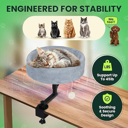 Zayana Cat Desk Bed Attachment - 360° Rotating & Adjustable Height Cat Bed Desk Mount with Soft Faux Fur Washable Cover, Space Saver Hammock for Home Office & Gaming Table, Supports Up to 45 lb, Grey