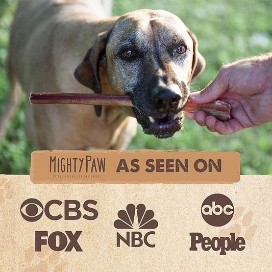 Mighty Paw Naturals Bully Sticks for Dogs - Grass Fed Beef Chews. Dog Bully Sticks for Large Pets, Medium and Small Breeds. Lower Odor Treats for Small Pets. Single Ingredient (12" - 5 Pack)