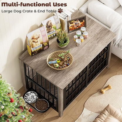 Lulive 37.8" Dog Crate Furniture, Large Wooden Dog Kennel Indoor with 360°& Adjustable Raised Dog Bowls, Double Doors Furniture Decorative Side End Table Dog Cage for Medium Dogs, Grey