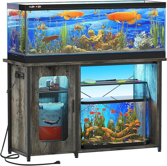 55-75 Gallon Fish Tank Stand, Reversible Heavy Duty Metal Aquarium Stand with Cabinet for Fish Tank Accessories Storage, Turtle/Reptile Terrariums, Black Oak
