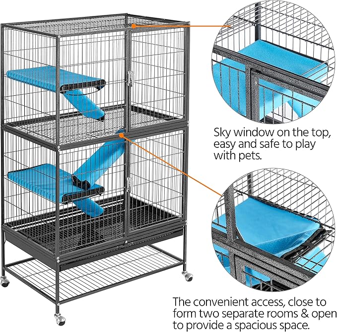 Yaheetech 54'' Rolling Ferret Cage Large 4-Tiers Chinchilla Cage Small Animal Cage for Adult Rats/Guinea Pigs/Chinchilla/Sugar Glider w/ 2 Removable Ramps/Hammock, Black