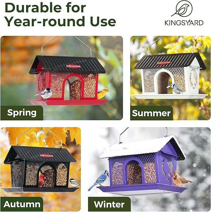 Kingsyard Metal Bird Feeders for Outdoors Hanging, Wild Bird Feeder with Seed Tray and Weatherproof Roof, 3 lbs Seed Capacity, Red