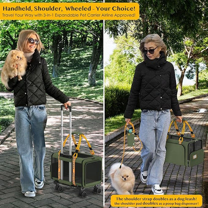 PAWZIDEA Expandable Pet Carrier with Wheels, 18X11X11 TSA Airline Approved Cat Carrier w/ID Card for 2 Cats, Small Dog Carrier Car Seat Travel Bag, Max Weight Recommendation 18 lbs，Green