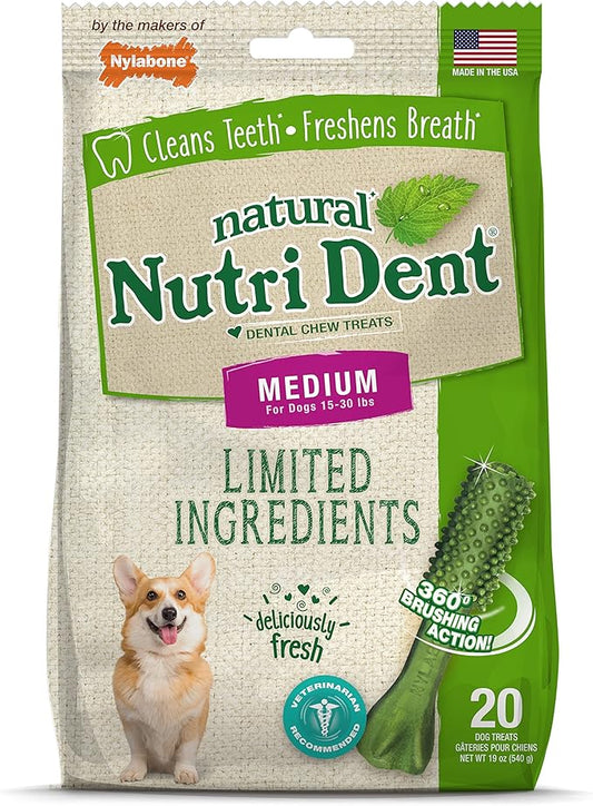 Nylabone Nutri Dent Dog Dental Chews - Natural Dog Teeth Cleaning & Breath Freshener - Dental Treats for Dogs - Fresh Breath Flavor, Medium (20 Count)