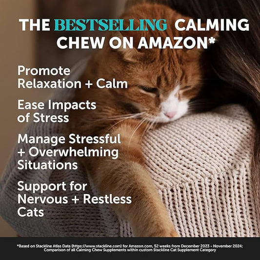 Calming Chews for Cats - Cat Anxiety Relief + Helps Reduce Stress - Behavioral Support & Promotes Relaxation for Travel, Boarding, Vet Visits, Separation Anxiety - Chicken (30-Day Supply)