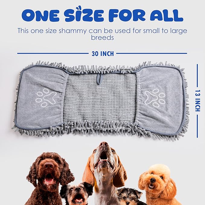 Quick Dry Towel for Dogs – Ultra Absorbent Microfiber Dog Bath Towel, Extra Large 30x15 Size | Soft Pet Drying Towel with Hand Pockets | Durable & Machine Washable-Grey