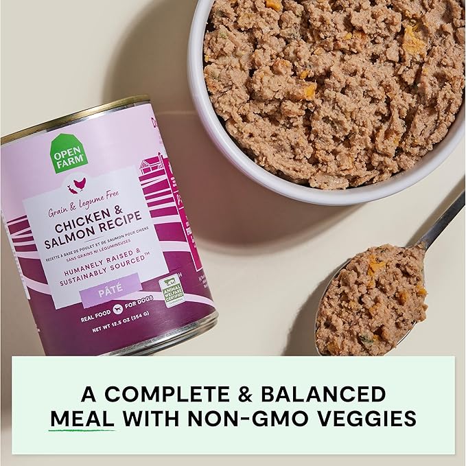 Open Farm Canned Dog Food, Paté for Complete & Balanced Nutrition, Grain-Free and Legume-Free, Chicken & Salmon Recipe, 12.5oz Cans (Pack of 12)