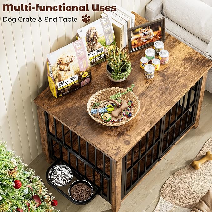 Lulive Dog Crate Furniture, Wooden Dog Kennel Indoor with Adjustable 360°& Height Dog Bowls, Double Doors Furniture Dog Crates End Table for Small/Medium 31.5" L*22.5" W*25.6" H, Brown