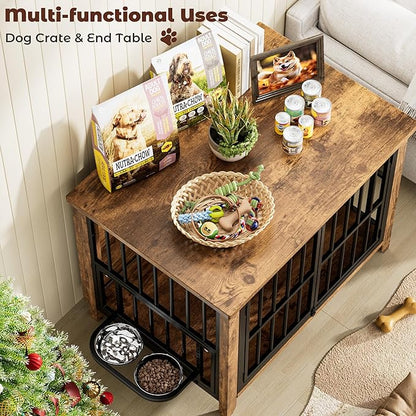 Lulive Dog Crate Furniture, Wooden Dog Kennel Indoor with Adjustable 360°& Height Dog Bowls, Double Doors Furniture Dog Crates End Table for Small/Medium 31.5" L*22.5" W*25.6" H, Brown