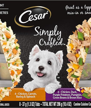 Cesar Simply Crafted Adult Wet Dog Food Meal Topper, Chicken, Duck, Purple Potatoes, Pumpkin, Green Beans & Brown Rice and Chicken, Carrots, Barley & Spinach Multipack, 1.3oz (8 Count, Pack of 1)