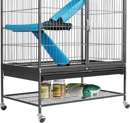 Yaheetech 54'' Rolling Ferret Cage Large 4-Tiers Chinchilla Cage Small Animal Cage for Adult Rats/Guinea Pigs/Chinchilla/Sugar Glider w/ 2 Removable Ramps/Hammock, Black