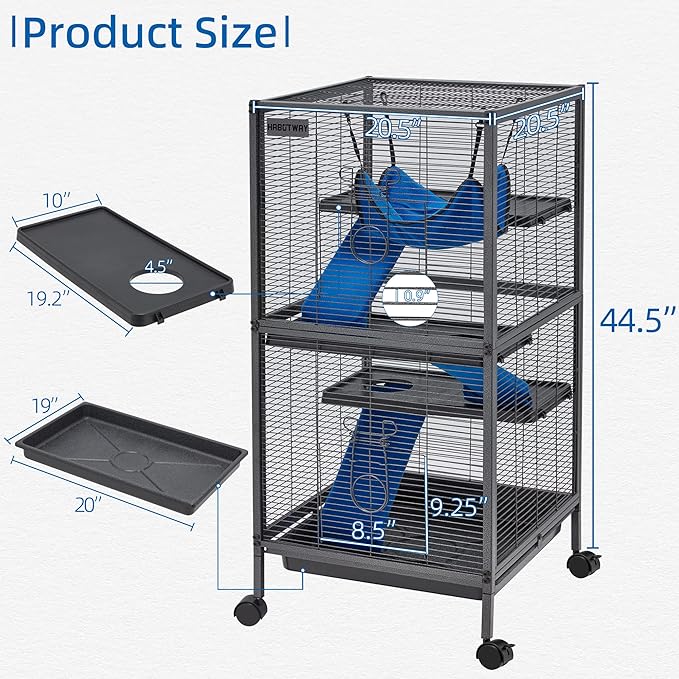 HABUTWAY 45''H Metal Small Animal Cages, Rolling Chinchilla Cage with Removable Ramps, Lagre Critter Nation Cage for Chinchillas/Guinea Pigs/Rabbit, Ferret Cages with Hammock & 4 Tiers, Black