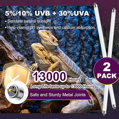 5.0 UVB Light for Reptiles, T5 HO 24 Watt Reptile Lamp Tube, Pack of 2 Fluorescent UVB Bulb, Basking Light for Bearded Dragon, Simulate Natural Sunlight for Reptiles and Amphibians