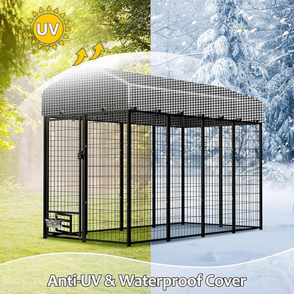 HITTITE 8x4x6 FT Large Outdoor Dog Kennel, Expandable Modular Dog Kennel Outside with Rotate Feeding Door, Heavy Duty Welded Wire Steel Dog Run Dog Playpen Fence with Black Roof Cover for Backyard