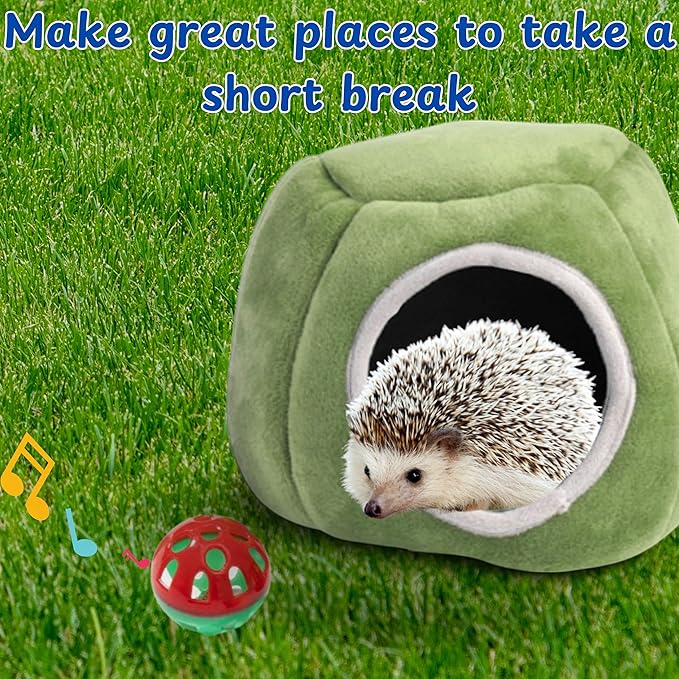 Hedgehog Hideout Nest with Bell Ball Toy, Cave Bed Nest Hedgehog Hideout, Guinea Pig Bed, Small Animals Warm House Cage Supplies, Hedgehogs Accessories, Hamster Cage Accessories (Green Hide)
