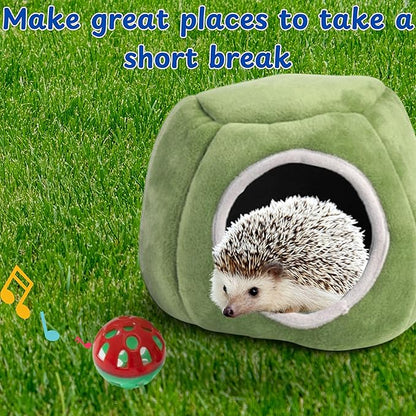 Hedgehog Hideout Nest with Bell Ball Toy, Cave Bed Nest Hedgehog Hideout, Guinea Pig Bed, Small Animals Warm House Cage Supplies, Hedgehogs Accessories, Hamster Cage Accessories (Green Hide)