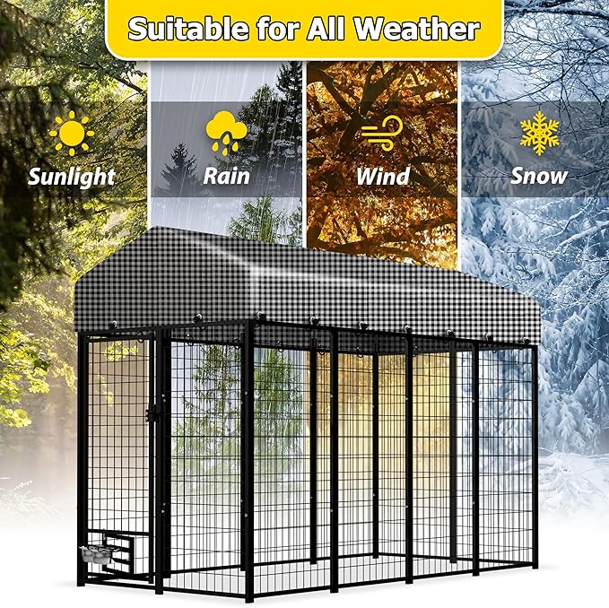 Outdoor Dog Kennel for Large Dogs, Dog Playpen Run Fence House for Yard, Heavy Duty Dog Kennel Outside with Feeding Door & Roof Cover(8'L x 4'W x 6'H)