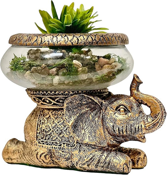 Good Luck Elephant Glass Bowl – Gold Antiqued Decorative Figurine with Removable Glass Bowl – Terrarium, Candle Holder, or Tabletop Aquarium – Polyresin Home Décor with Gift Box