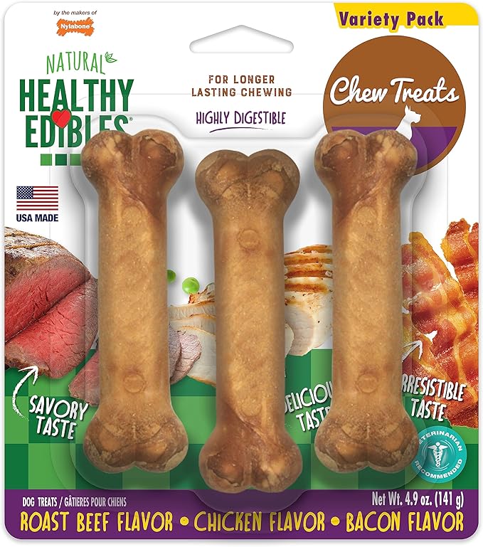 Nylabone Healthy Edibles Natural Dog Chews Long Lasting Roast Beef, Chicken & Bacon Flavor Treats for Dogs, Small/Regular (3 Count)