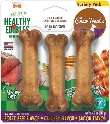 Nylabone Healthy Edibles Natural Dog Chews Long Lasting Roast Beef, Chicken & Bacon Flavor Treats for Dogs, Small/Regular (3 Count)