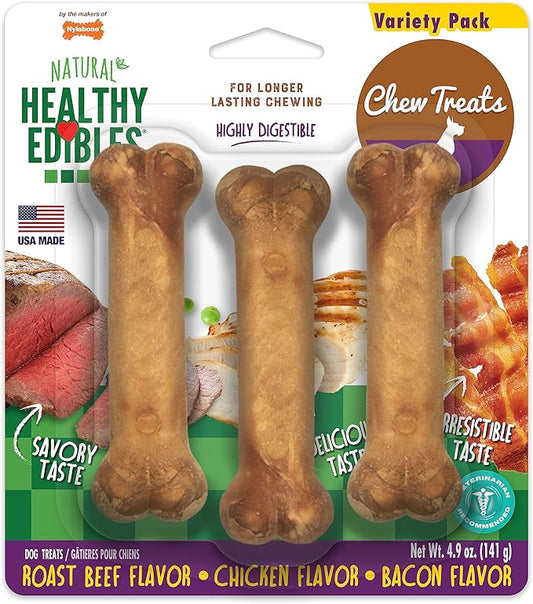 Nylabone Healthy Edibles Natural Dog Chews Long Lasting Roast Beef, Chicken & Bacon Flavor Treats for Dogs, Small/Regular (3 Count)