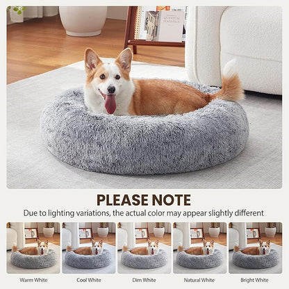 Calming Dog Bed - Donut Washable Medium Size Round Pet Bed for Dogs and Cats, 30 inches Anti-Slip Fluffy Faux Fur Plush Cat Bed, Anti-Anxiety Cushion with Anti-Slip Bottom