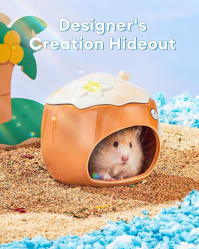 BUCATSTATE Hamster Hideout Ceramic, Coconut Shape Hamster House and Habitat for Dwarf Hamsters, Mice, Syrian Hamsters, Chipmunks or Other Small Pets (Brown-Large)