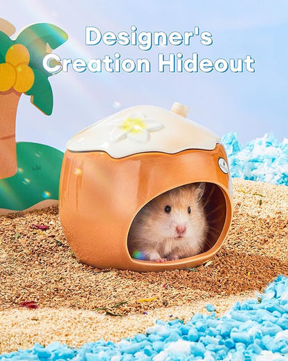 BUCATSTATE Hamster Hideout Ceramic, Coconut Shape Hamster House and Habitat for Dwarf Hamsters, Mice, Syrian Hamsters, Chipmunks or Other Small Pets (Brown-Large)
