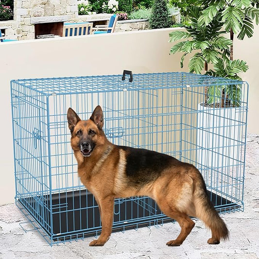 FDW Extra Large Dog Crate Dog Kennel Cage with Double Door,48 inch Folding Metal Wire Dog Cage with Removable Tray&Divider Panel,Pet Crate for Large Dogs,Blue