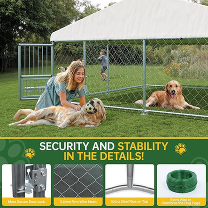 LotFun Large Outdoor Dog Kennel, 10 x 10 FT Heavy Duty Dog Enclosure with Rotated Dog Bowls, UV-Resistant Canopy Cover, Double Lock Security (10 x 10 x 5 in)