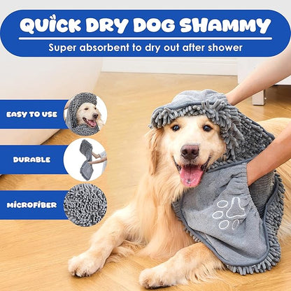 Quick Dry Towel for Dogs – Ultra Absorbent Microfiber Dog Bath Towel, Extra Large 30x15 Size | Soft Pet Drying Towel with Hand Pockets | Durable & Machine Washable-Grey