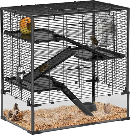 PawHut Large Hamster Cage with Deep Tempered Glass Bottom, 4 Tiers Hamster Tank with Running Wheel, Hut, Water Bottle, Dish, Rat Cage for Syrian, Dwarf, Gerbils, Mouse, 31" x 19" x 31.5", Black