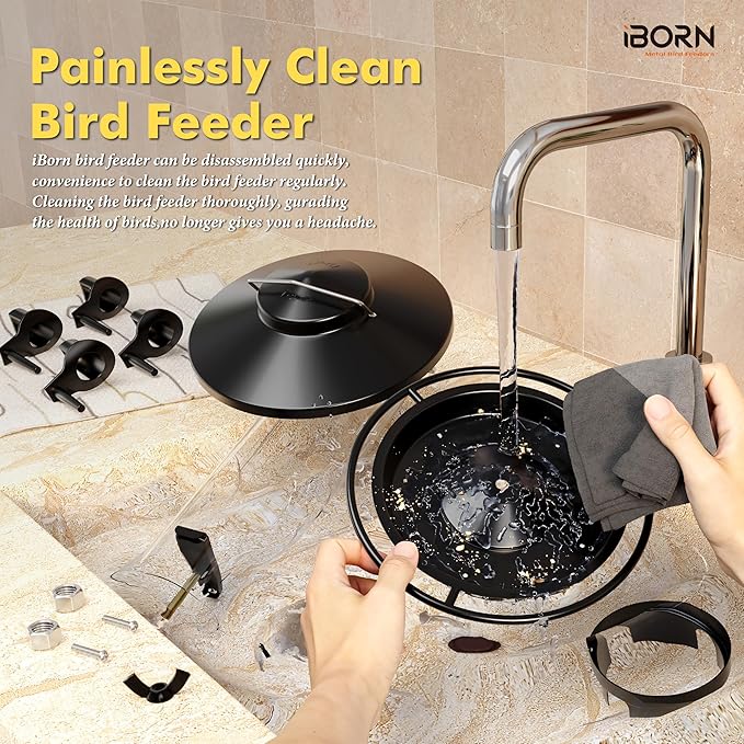 iBorn Metal Bird Feeders for Outdoors, 2LB Bird Seed Feeder 17cm Large Roof &Tray, 4 Feeding Ports, Black Finish