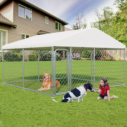 LotFun Large Outdoor Dog Kennel, 10 x 10 FT Heavy Duty Dog Enclosure with Chain Link Fence, UV-Resistant Canopy Cover, Double Lock Security (10 x 10 x 6 in)