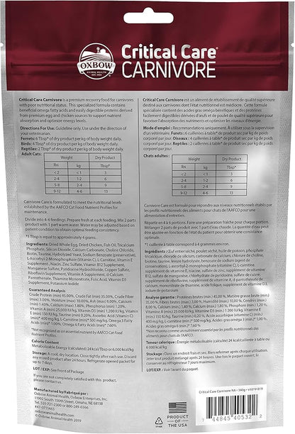 Oxbow Critical Care Carnivore, Made with Whole Egg & Dried Chicken, Assist Feeding Formula for Carnivores, Cat Supplements, Ferret Food Recovery, Small Animal Pet Products, Made in USA, 340 Gram Bag
