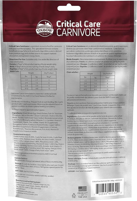 Oxbow Critical Care Carnivore, Made with Whole Egg & Dried Chicken, Assist Feeding Formula for Carnivores, Cat Supplements, Ferret Food Recovery, Small Animal Pet Products, Made in USA, 340 Gram Bag