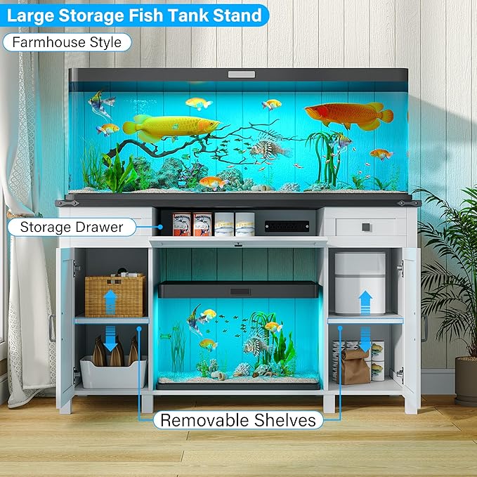 Farmhouse 55-75 Gallon Fish Tank Stand with Power Outlet, Aquarium Stand with 2 Drawers and Adjustable Shelves, Heavy Duty Reptile Tank Stand for 2 Fish Tank/Turtle Tank/Reptile Terrarium