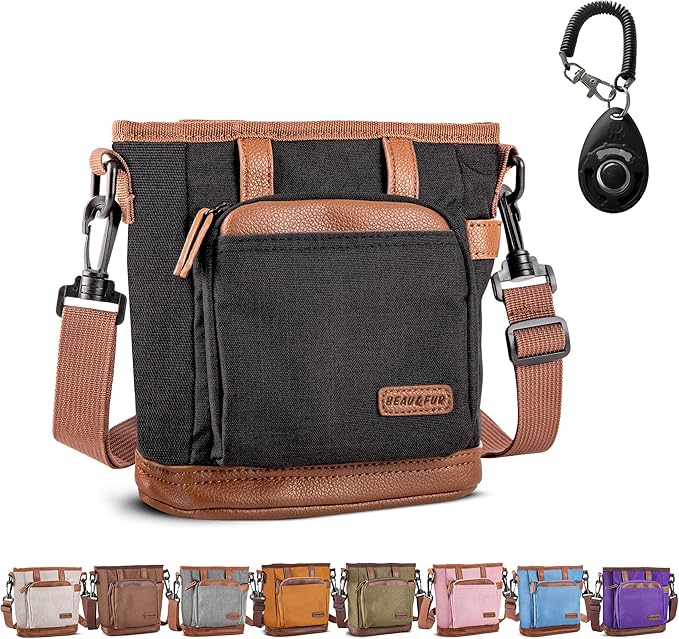 BEAU&FUR Large Dog Treat Pouch with Clicker for Training – 4 Cup Capacity, Built-in Poop Bag Dispenser, Expandable Pocket, Metal Buckle, Large Back Pocket, Ideal Design for Walks and Training – Black