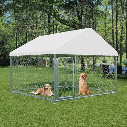 LotFun Large Outdoor Dog Kennel, 10 x 10 FT Heavy Duty Dog Enclosure with Chain Link Fence, UV-Resistant Canopy Cover, Double Lock Security (6 x 6 x 5 in)