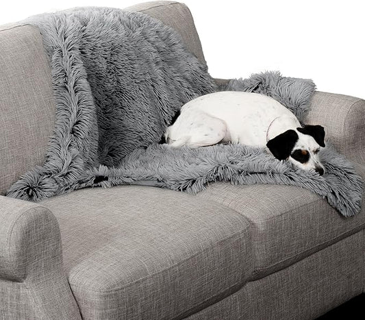 Furhaven Waterproof Throw Blanket for Dogs & Indoor Cats, Washable - Shaggy Plush Calming Long Faux Fur & Velvet Dog Blanket - Gray, Medium