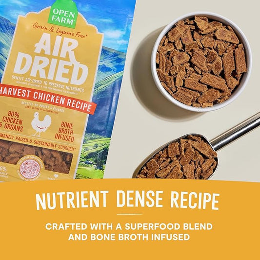 Open Farm, Air Dried Dog Food Infused with Bone Broth, Grain & Legume Free, Complete Meal or Food Topper, Harvest Chicken Recipe, 1lb Bag
