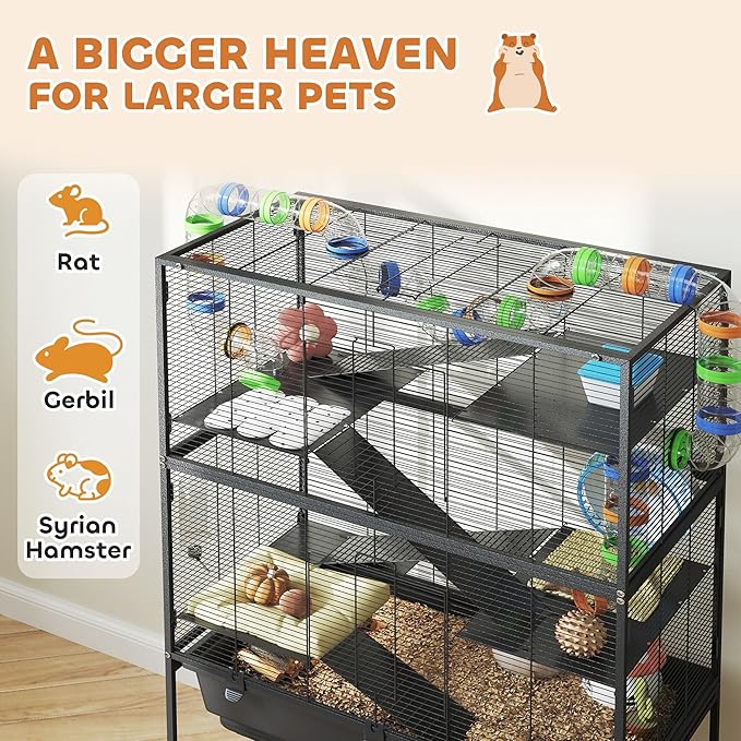 PawHut Large Hamster Cage with Deep Tray, 5 Tier Rolling Rat Cage with Storage Shelf, Big Exercise Wheel, Tube System, Hut, Platforms, Ramps, Food Dish, Water Bottle, for Syrian, Gerbil, Mouse