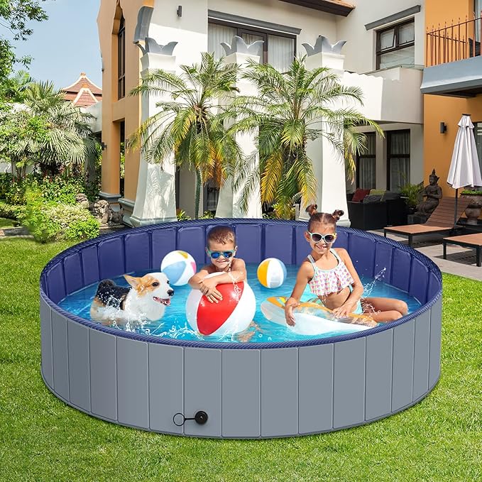 Dog Pool for Large Dogs, Kiddie Pool Hard Plastic, Dog Bathtub Portable, Foldable Pool for Dogs Slip-Resistant (Dark Gray, S - 32'' x 8'')