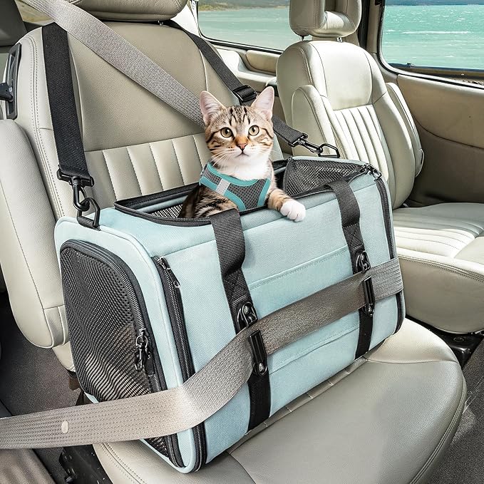 PETSFIT Soft-Sided Cat Carriers & Car Seats with Patent Safe Buckles, Clip-On Harness，18"x11"x11" Airline Approved Pet Carrier - 9 lbs Capacity (Cyan Blue)