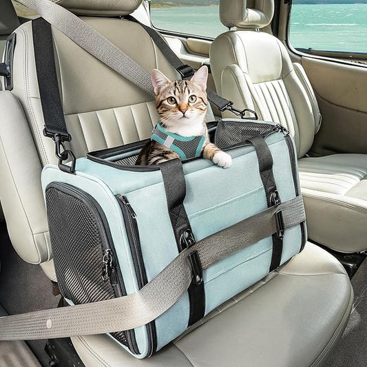 PETSFIT Soft-Sided Cat Carriers & Car Seats with Patent Safe Buckles, Clip-On Harness，18"x11"x11" Airline Approved Pet Carrier - 9 lbs Capacity (Cyan Blue)