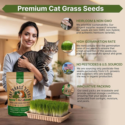 Cat Grass Seeds Mix - 5,200 Non-GMO Heirloom Seeds for Cats & Pets, 4 oz Pack for Growing Fresh Barley, Oat, Rye & Wheat Grass Seeds for Planting, Indoor Plants for Pets, Hairball Remedy for Cats