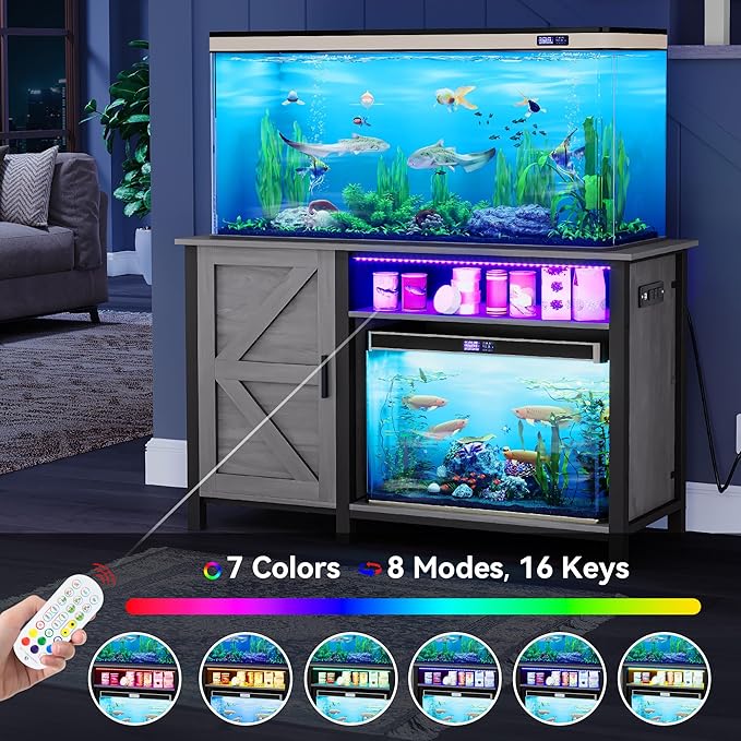 YITAHOME Aquarium Stand with Power Outlets, 55-75 Gallon Fish Tank Stand, Cabinet with RGB Light Strip Suitable for Turtle Tank, Reptile Terrarium, 900LBS Capacity, Grey