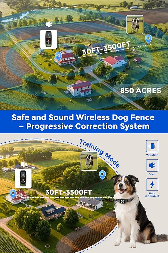 T800 Pro Wireless Dog Fence for 2 Dogs Zero Delay Response Electric Fence for 2 Dogs, Perimeter Pet Collar with Training & Bark Control, Safety-Lock HD Display Rechargeable Waterproof Portable