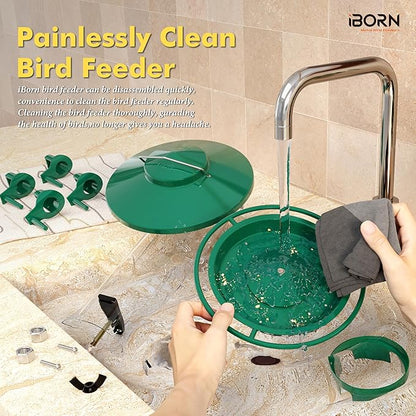 iBorn Bird Feeders for Outdoors, 2LB Metal Bird Feeders 17cm Large Roof &Tray, 4 Feeding Ports, Green Finish